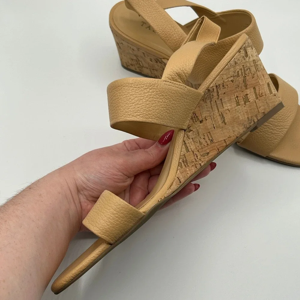 Talbots Tan Pebbled Leather Cork Wedge Slingback Sandals 11M Brazil Quiet Luxury